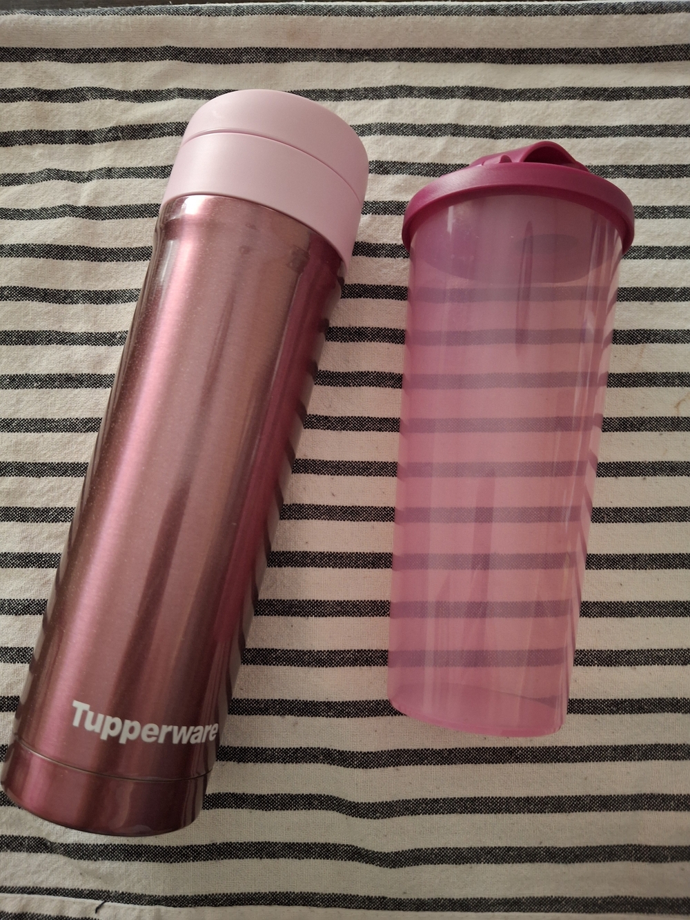 Tupperware Metallic Glittery Pink Travel Tumbler & Pink Shaker Set